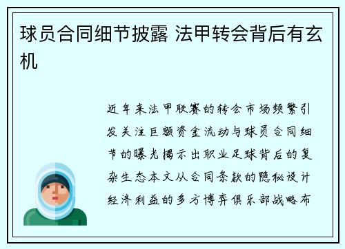 球员合同细节披露 法甲转会背后有玄机